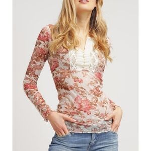 Denim & Supply Ralph Lauren Floral Print Lace Henley Claire Top Size Medium